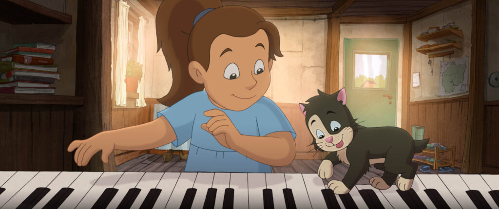 Ilustracja przedstawia grającą na pianinie dziewczynkę z kotem.